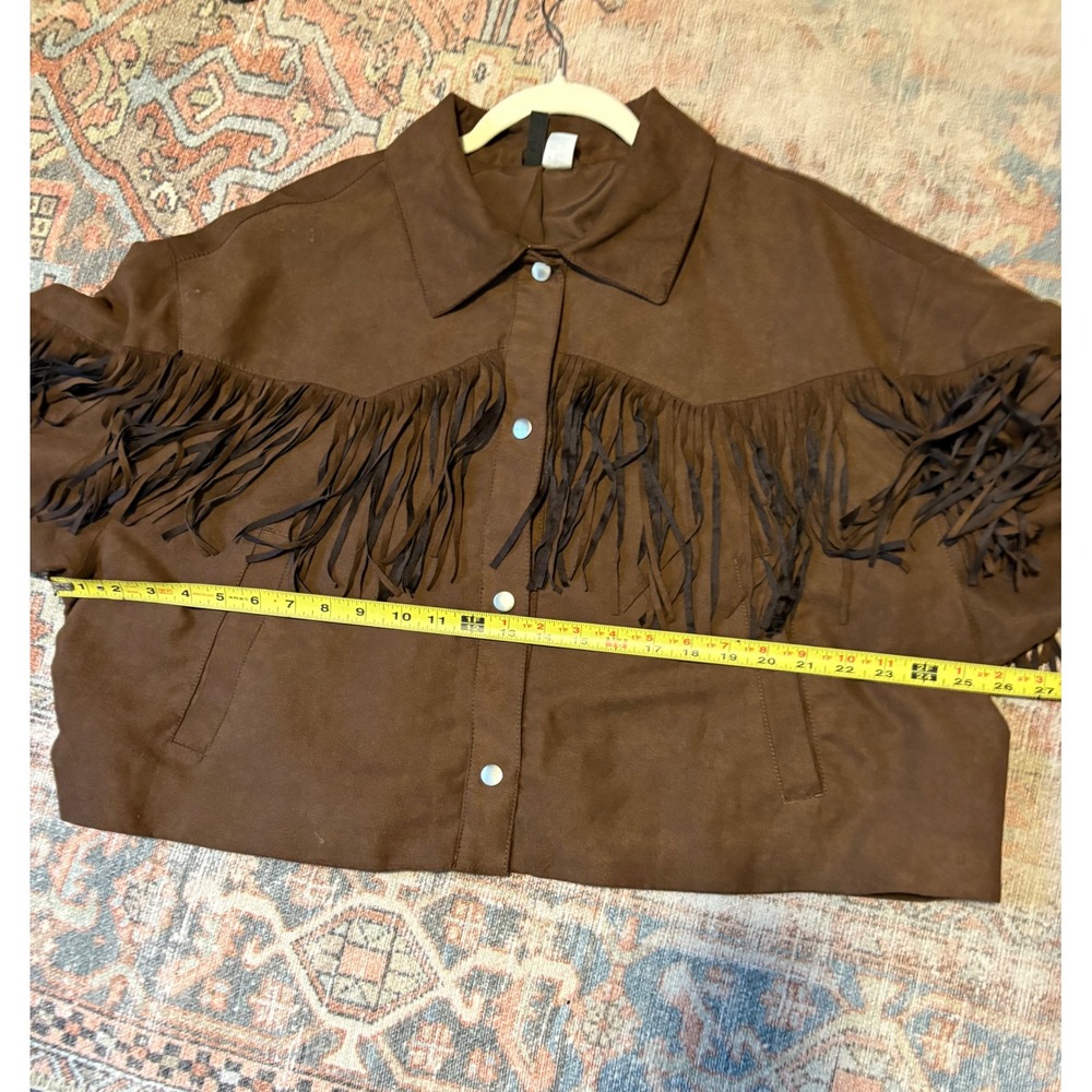 H&M Divided Brown Faux Suede Fringe Western Jacket Womens XL Cropped Snap Front - Picture 6 of 6
